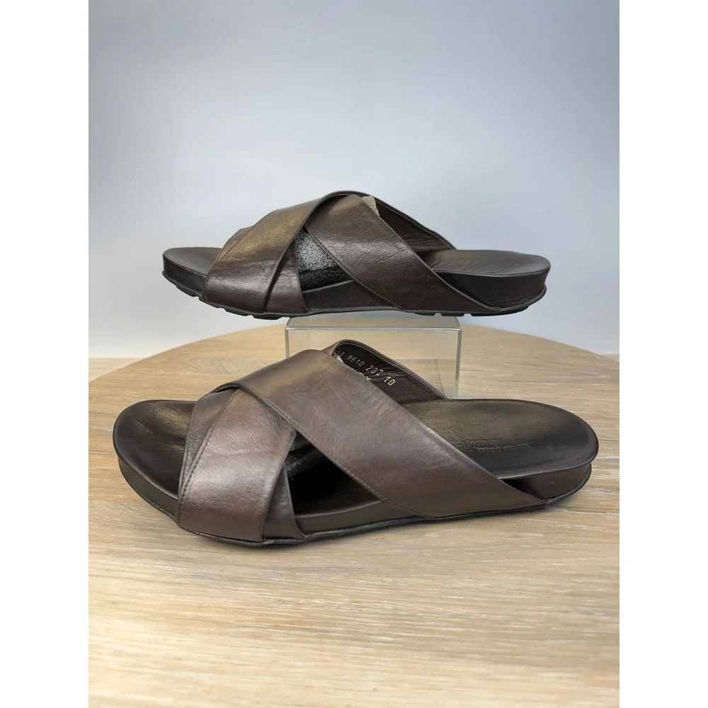 Sacco Bucci italy Mens 10 Pebbled Leather Slides Criss Cross Platform Brown